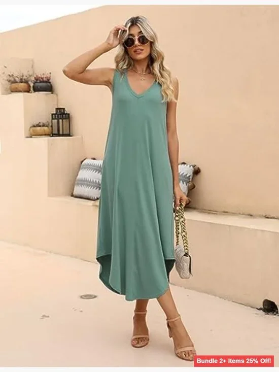 Sleeveless V-Neck Maxi Dress with Pockets, Rayon Blend, Casual Summer Midi - Picture 4 of 6